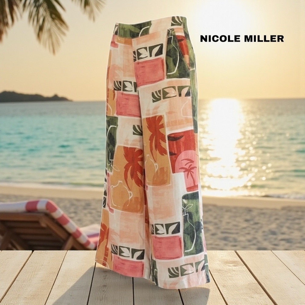 New Nicole Miller Multicolor Cropped Wide Leg Lyocell Fun Tropical VacationPants